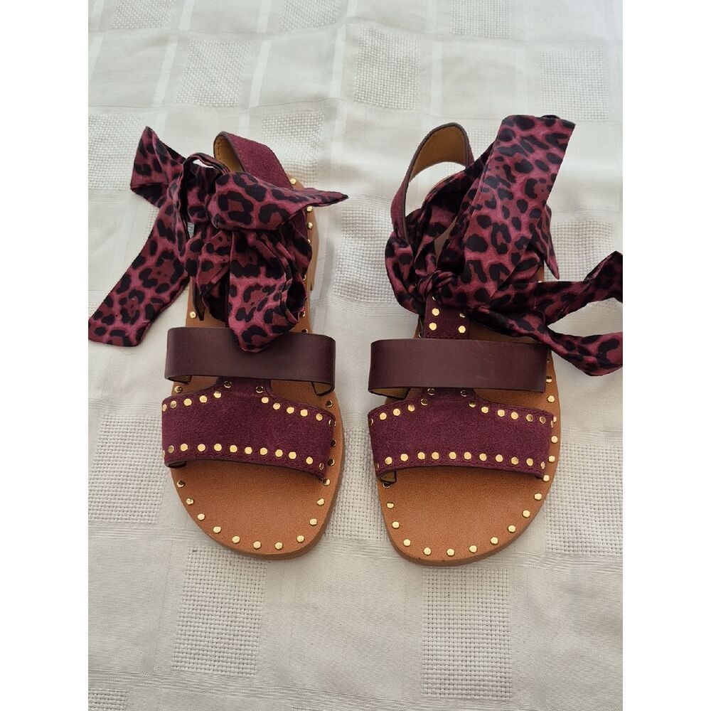 Sandro Burgundy Leopard Tie-Wrap Stud Sandals